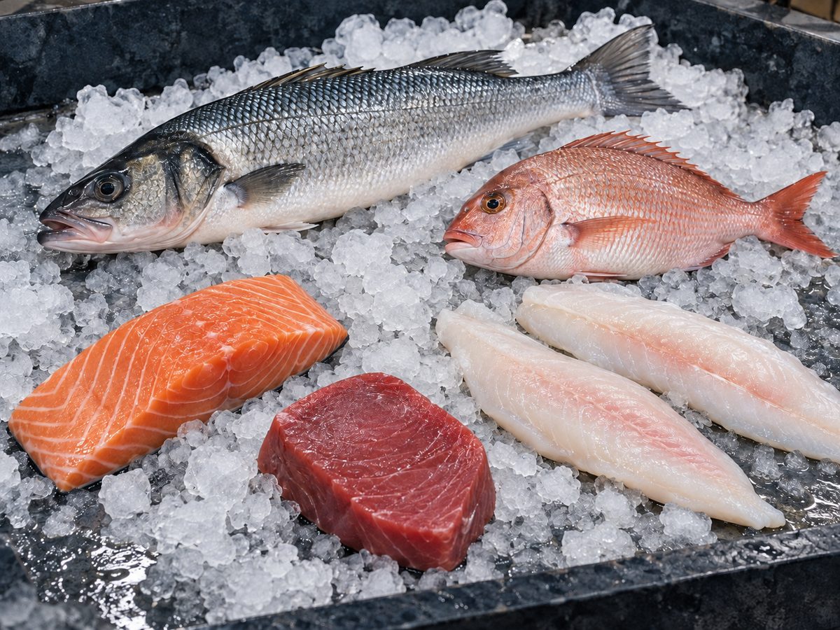 Peixes inteiros e filés de salmão, atum e peixe branco sobre gelo
